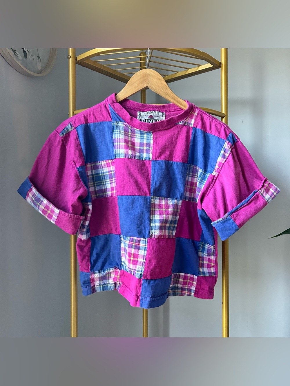 Pinky 80s vintage cotton cropped Pink & Blue Patchwork Short Sleeve Tee size S